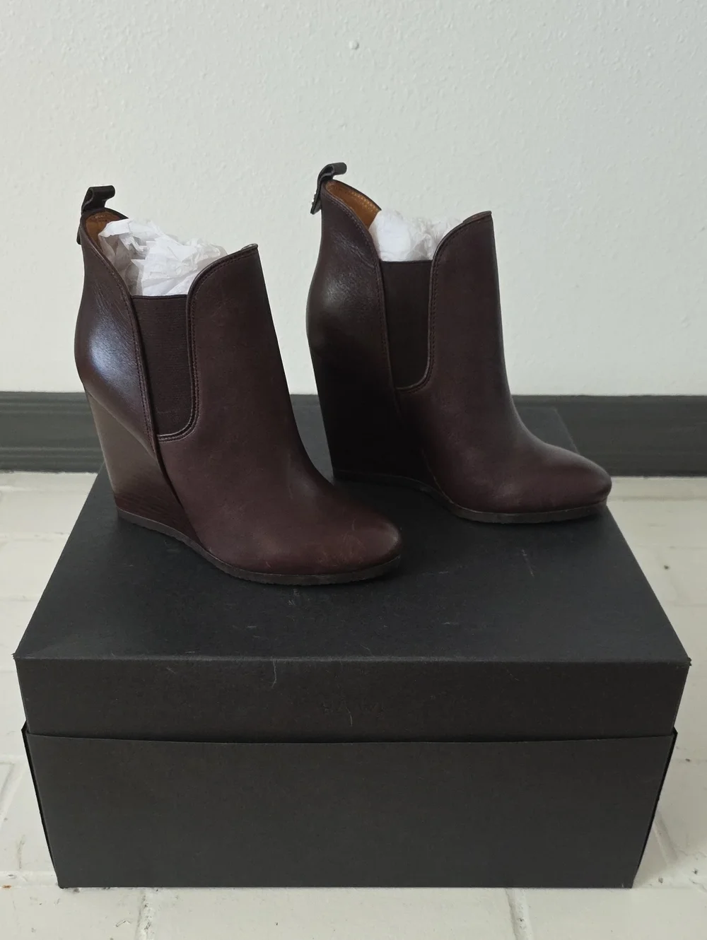 Coach Farah Washed Leather Chestnut Ankle Booty Wedge. Size 7. Never Worn.